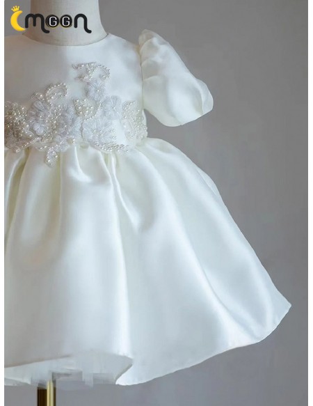 Elegant Ruffled Satin Ballgown Flower Girl Dress with Beaded Flowers