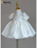 Elegant Ruffled Satin Ballgown Flower Girl Dress with Beaded Flowers