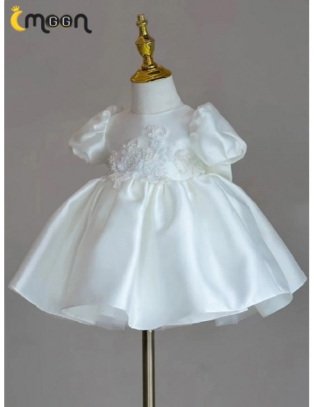 Elegant Ruffled Satin Ballgown Flower Girl Dress with Beaded Flowers