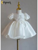 Elegant Ruffled Satin Ballgown Flower Girl Dress with Beaded Flowers