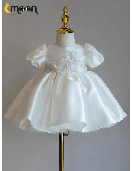 Elegant Ruffled Satin Ballgown Flower Girl Dress with Beaded Flowers