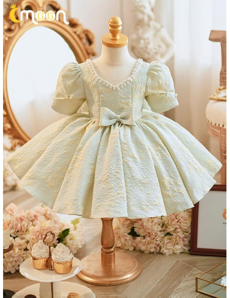 Light Green Ballgown Ruffled Flower Girl Dress with Pearls Neckline