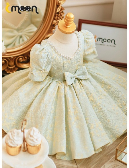 Light Green Ballgown Ruffled Flower Girl Dress with Pearls Neckline