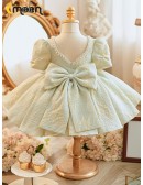 Light Green Ballgown Ruffled Flower Girl Dress with Pearls Neckline