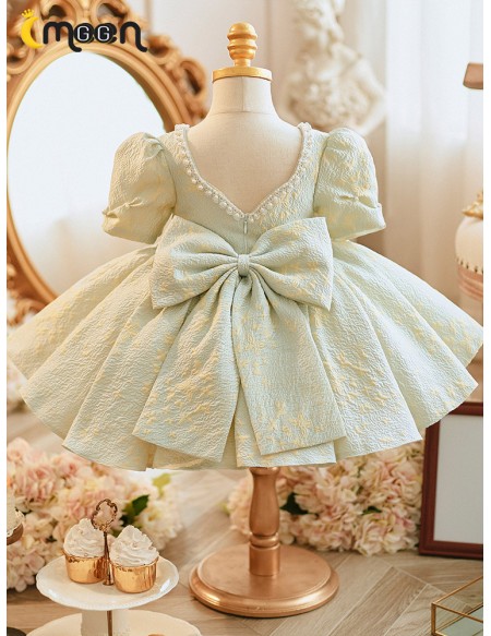 Light Green Ballgown Ruffled Flower Girl Dress with Pearls Neckline