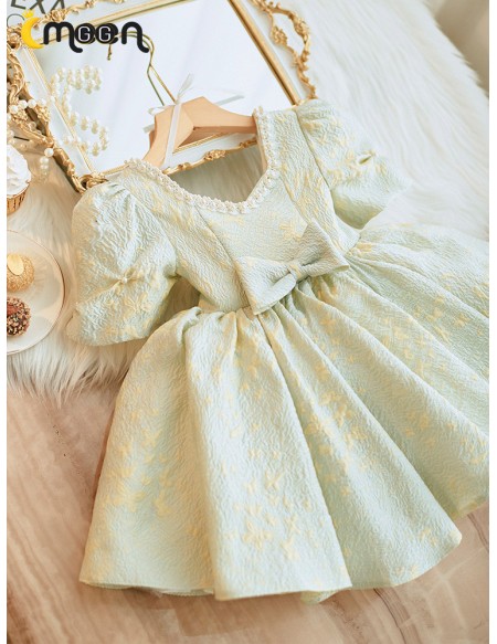 Light Green Ballgown Ruffled Flower Girl Dress with Pearls Neckline