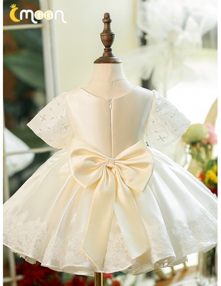Elegant Lace Satin Ballgown Champagne Flower Girl Dress with Sleeves