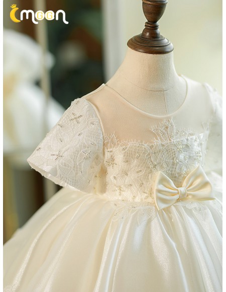 Elegant Lace Satin Ballgown Champagne Flower Girl Dress with Sleeves