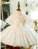 Elegant Lace Satin Ballgown Champagne Flower Girl Dress with Sleeves