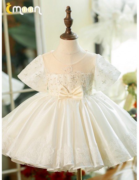 Elegant Lace Satin Ballgown Champagne Flower Girl Dress with Sleeves