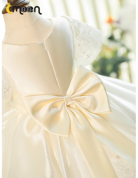 Elegant Lace Satin Ballgown Champagne Flower Girl Dress with Sleeves