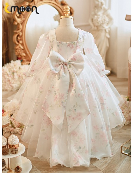 Long Sleeved Flower Pattern Lovely High Low Flower Girl Dress