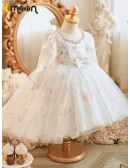 Long Sleeved Flower Pattern Lovely High Low Flower Girl Dress