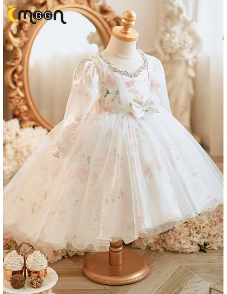 Long Sleeved Flower Pattern Lovely High Low Flower Girl Dress