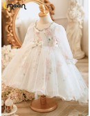 Long Sleeved Flower Pattern Lovely High Low Flower Girl Dress