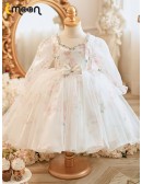 Long Sleeved Flower Pattern Lovely High Low Flower Girl Dress