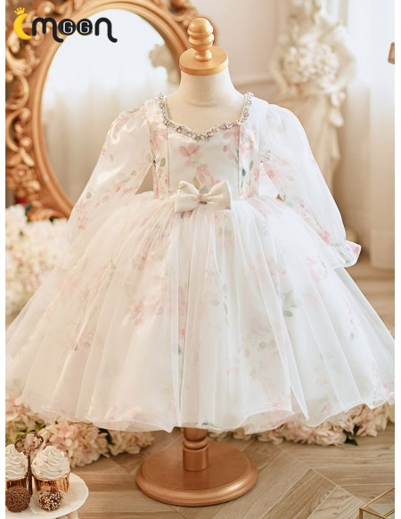 Long Sleeved Flower Pattern Lovely High Low Flower Girl Dress
