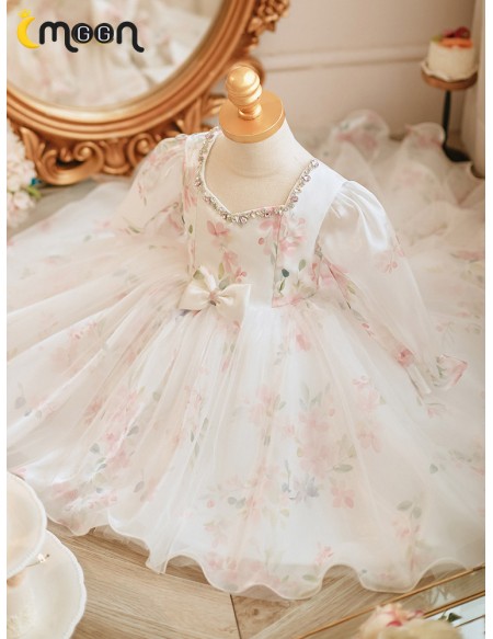 Long Sleeved Flower Pattern Lovely High Low Flower Girl Dress