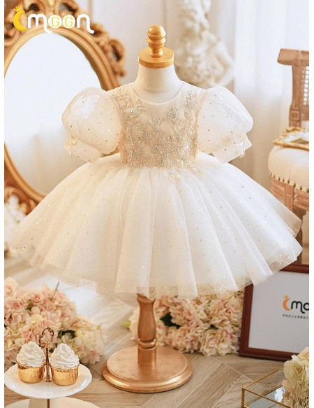 Dreamy Moon Star Sequins Tulle Flower Girl Dress with Embroidery