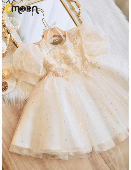 Dreamy Moon Star Sequins Tulle Flower Girl Dress with Embroidery