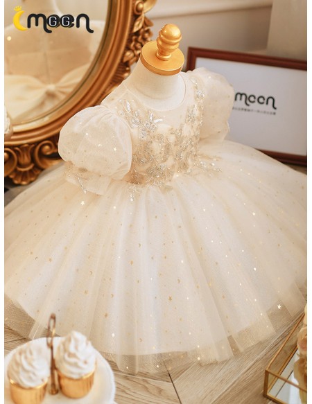 Dreamy Moon Star Sequins Tulle Flower Girl Dress with Embroidery