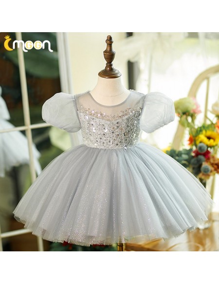 Grey Bling Tulle Ballgown Girls formal Party Dress with Sequins