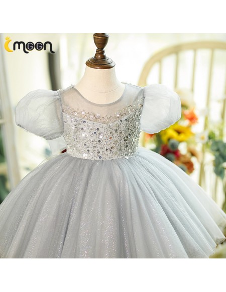 Grey Bling Tulle Ballgown Girls formal Party Dress with Sequins