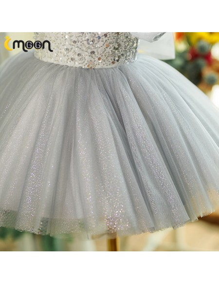 Grey Bling Tulle Ballgown Girls formal Party Dress with Sequins