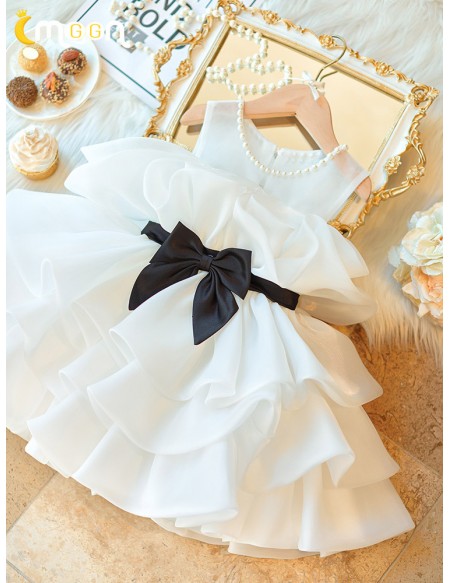 Ruffled Organza White with Black Bow Flower Girl Dress with Pearls