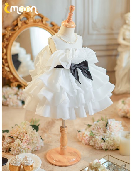 Ruffled Organza White with Black Bow Flower Girl Dress with Pearls
