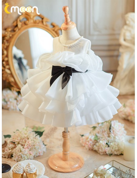Ruffled Organza White with Black Bow Flower Girl Dress with Pearls