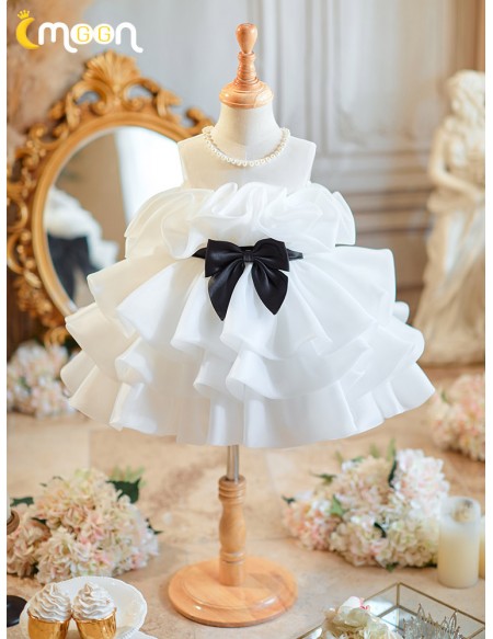 Ruffled Organza White with Black Bow Flower Girl Dress with Pearls