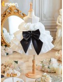 Ruffled Organza White with Black Bow Flower Girl Dress with Pearls