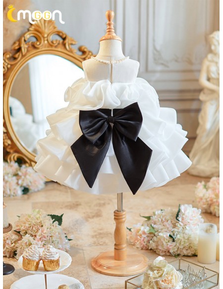 Ruffled Organza White with Black Bow Flower Girl Dress with Pearls