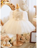 Champagne Sequined Ballgown Tulle Toddler Flower Girl Dress with Sleeves