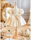 Lovely Champagne Beaded Flower Girl Dress with Bubble Sleeves