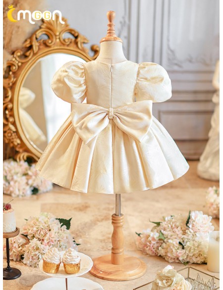Lovely Champagne Beaded Flower Girl Dress with Bubble Sleeves