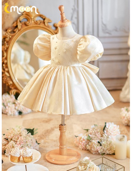 Lovely Champagne Beaded Flower Girl Dress with Bubble Sleeves