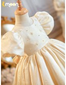Lovely Champagne Beaded Flower Girl Dress with Bubble Sleeves
