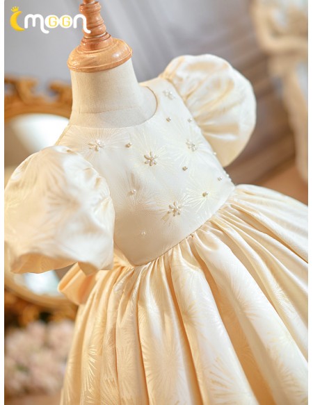 Lovely Champagne Beaded Flower Girl Dress with Bubble Sleeves