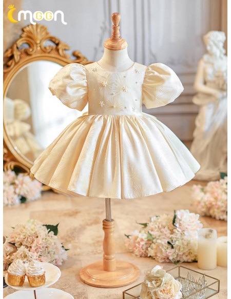 Lovely Champagne Beaded Flower Girl Dress with Bubble Sleeves
