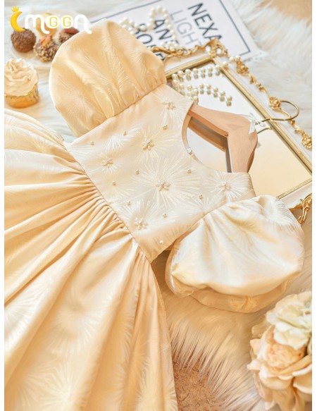 Lovely Champagne Beaded Flower Girl Dress with Bubble Sleeves