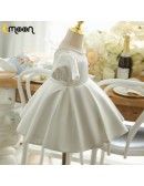 Pearls Neckline Ruffled Satin Flower Girl Dress with Bubble Sleeves