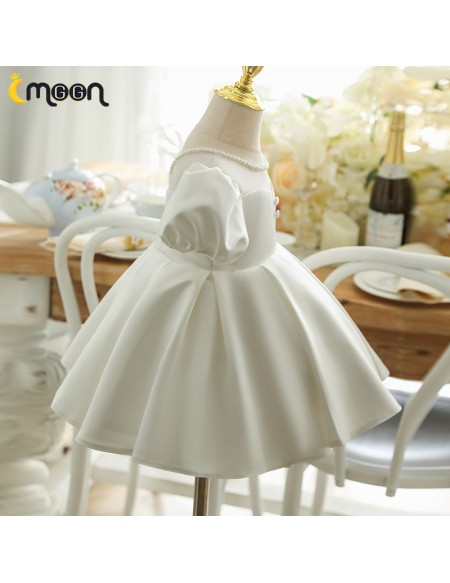 Pearls Neckline Ruffled Satin Flower Girl Dress with Bubble Sleeves
