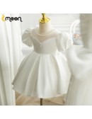 Pearls Neckline Ruffled Satin Flower Girl Dress with Bubble Sleeves