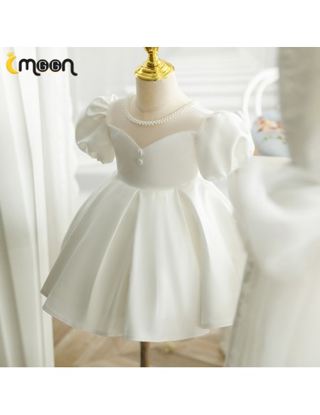 Pearls Neckline Ruffled Satin Flower Girl Dress with Bubble Sleeves