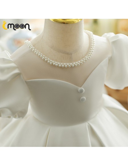 Pearls Neckline Ruffled Satin Flower Girl Dress with Bubble Sleeves
