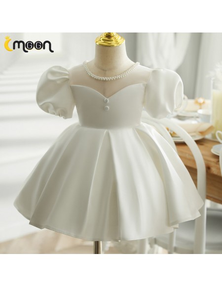 Pearls Neckline Ruffled Satin Flower Girl Dress with Bubble Sleeves