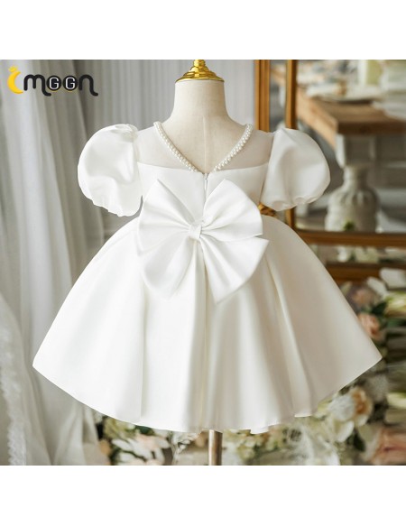 Pearls Neckline Ruffled Satin Flower Girl Dress with Bubble Sleeves