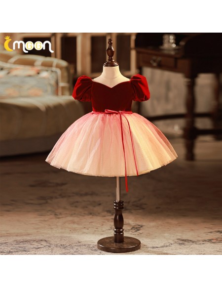 Burgundy Velvet And Tulle Girls Party Dress with Sash